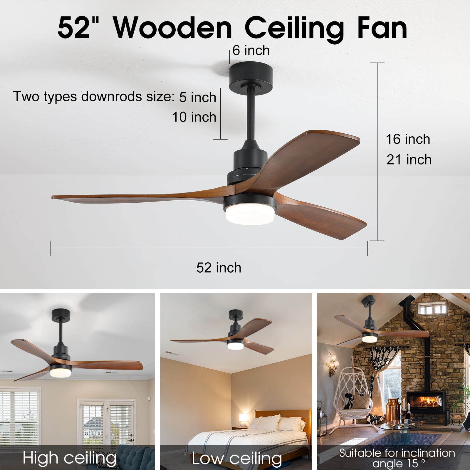 Ventilateur de plafond LED de style moderne de 52 pouces : intègre l’éclairage, la télécommande et les fonctions avant/arrière ; équipé d’un moteur silencieux à 6 vitesses et de 3 pales de ventilateur en bois ; disponible en blanc/noir.
