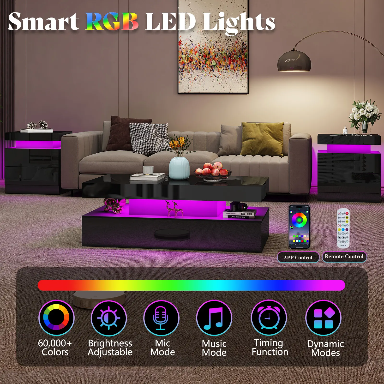 Mesita de noche de alto brillo (con luz LED, juego de 2 piezas)