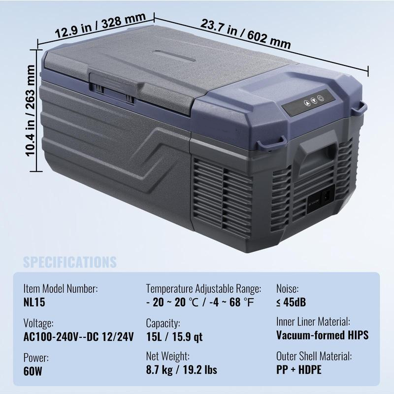 Esta nevera portátil (disponible en capacidades de 23 L, 35 L y 50 L) es compatible con alimentación de 12 V/24 V CC y 110-240 V CA. Con un rango de temperatura de -20 °C a 20 °C (-4 °F a 68 °F), ruedas y dos cestas, es una opción ideal para autocaravanas