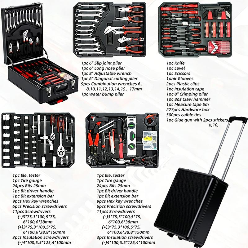 Juego de herramientas de 899 piezas – Carro móvil para herramientas con ruedas y estantería de almacenamiento de aluminio de 4 niveles – Kit completo de herramientas para reparaciones mecánicas