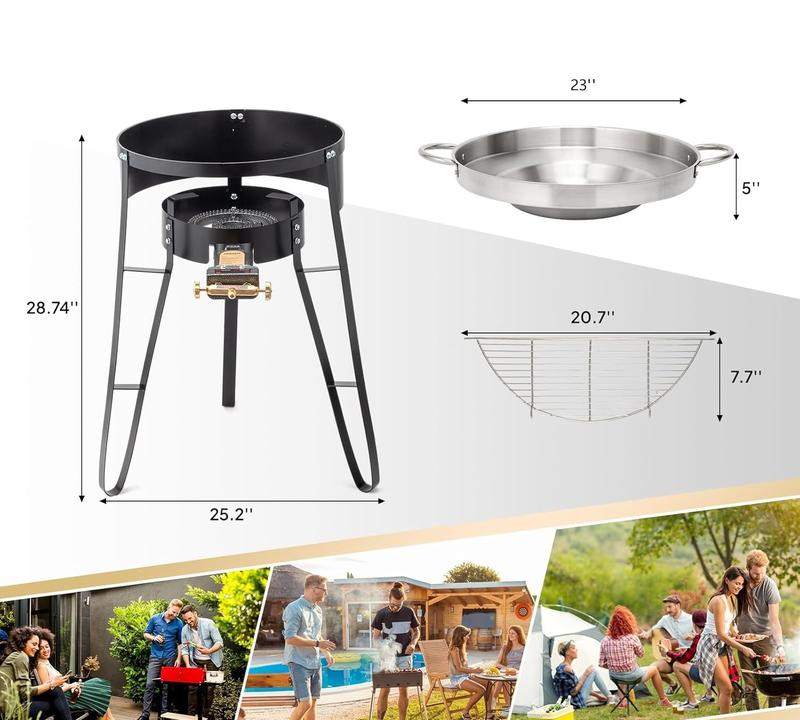 Juego de plancha cóncava de 23 pulgadas con quemador de propano de 80.000 BTU y plancha de disco de acero inoxidable; incluye soporte para el quemador; ideal para cocinar en el patio o al aire libre.