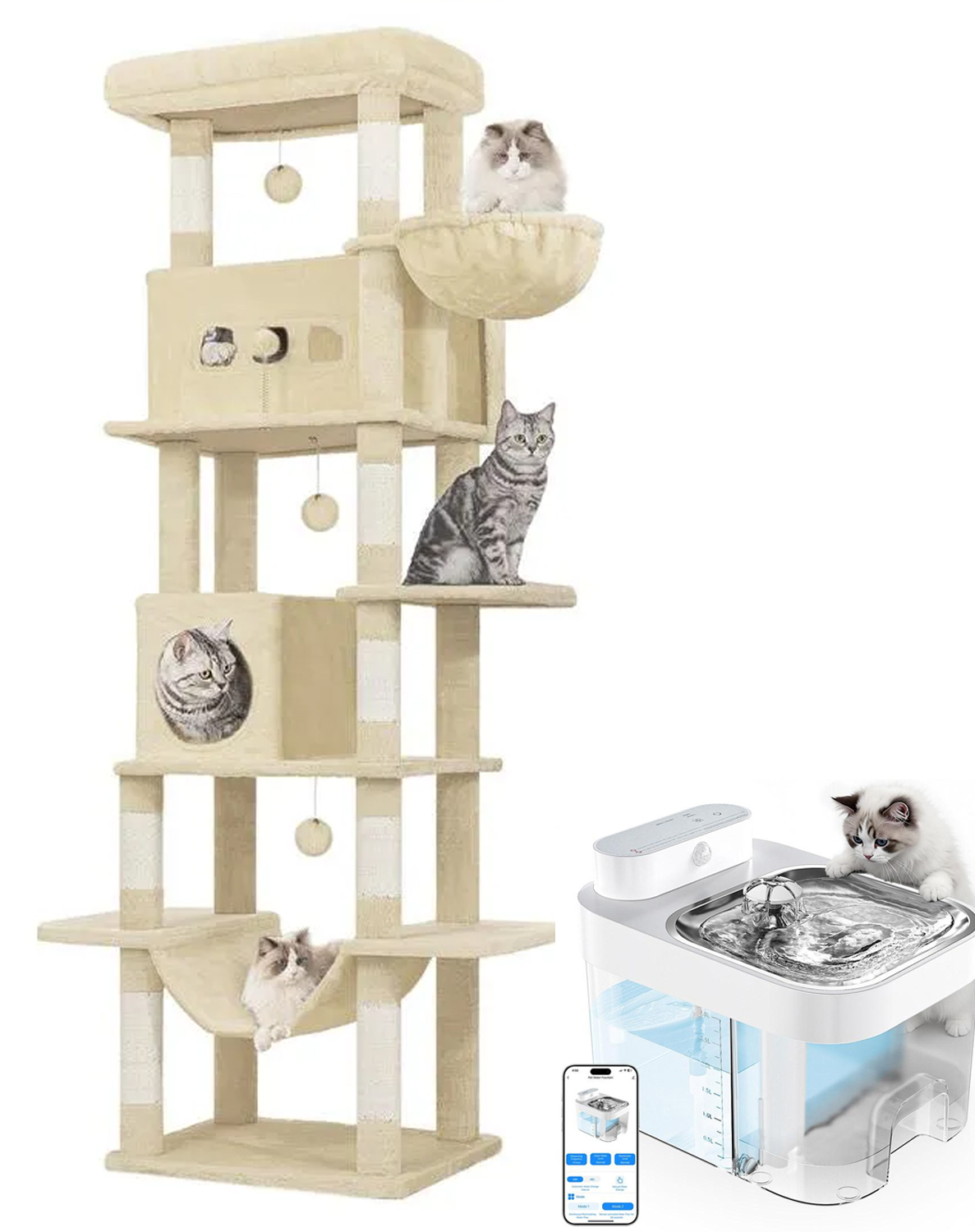Un árbol para gatos de 193 cm, una gran estructura para trepar de interior, muebles para gatos de varios niveles, que incluyen 2 plataformas, 3 camas para gatos, 7 postes rascadores, 1 cesta para gatos, 3 puertas para gatos y decoraciones de pompones.