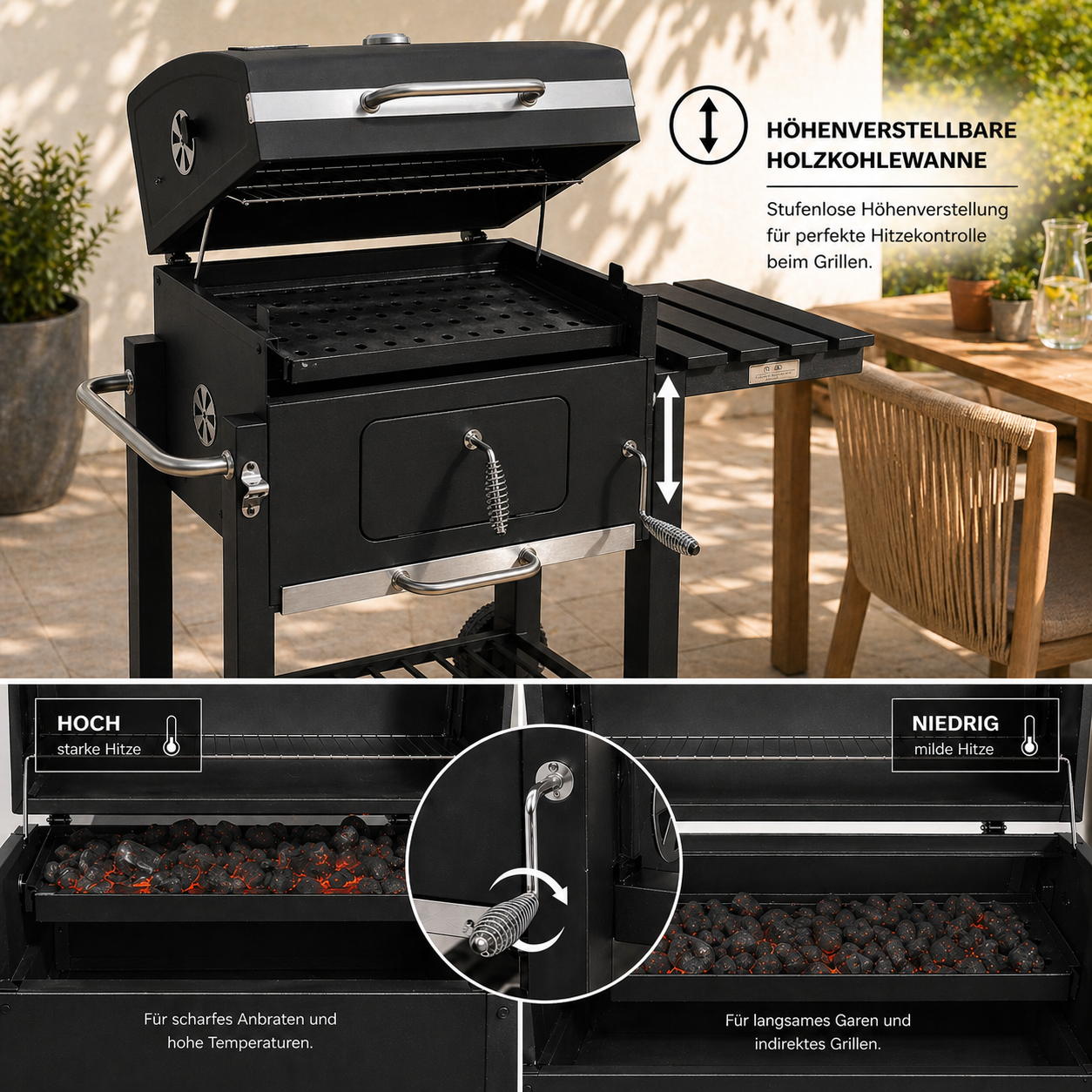 Una parrilla de carbón con tapa, con una superficie de cocción de 56 × 42,5 cm, que incluye una bandeja para carbón regulable en altura y una mesa lateral plegable, además de una funda impermeable.