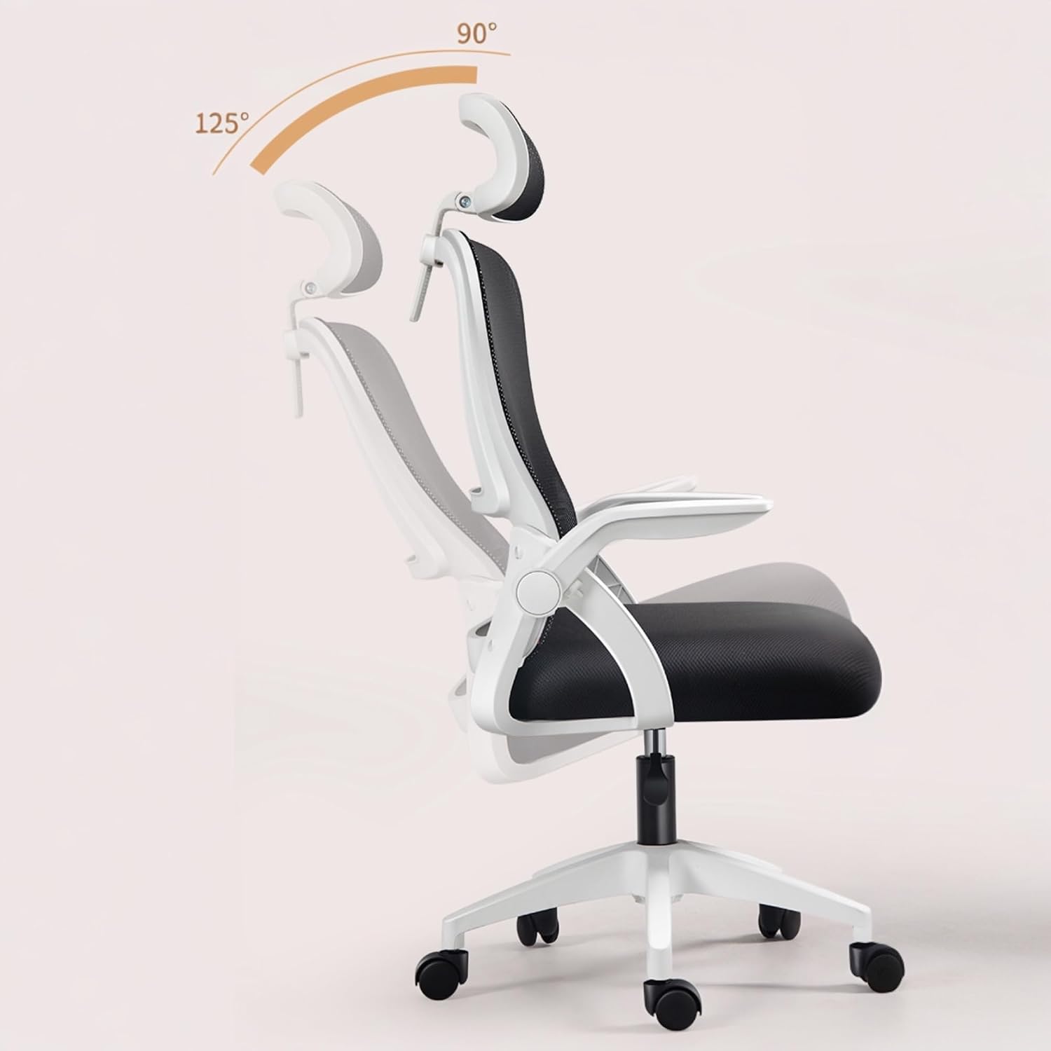 Silla de Oficina, para Gaming, Escritorio Ergonómica con Reposacabezas, Ajustable y con Soporte Lumbar | Respaldo de Malla Transpirable | Reposabrazos Abatibles de 90° | Giratoria 360° (Blanco)