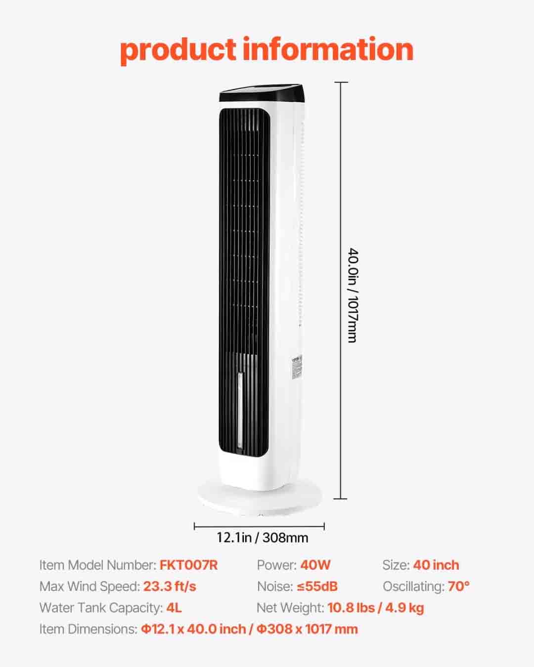 Ventilateur colonne, 7 mètres par seconde, ventilateur sur pied silencieux, oscillation à 70°, 9 vitesses de vent, 4 modes, minuterie 24 heures, ventilateur sur pied portable sans pales, avec télécommande, convient aux chambres, bureaux, maisons et autres