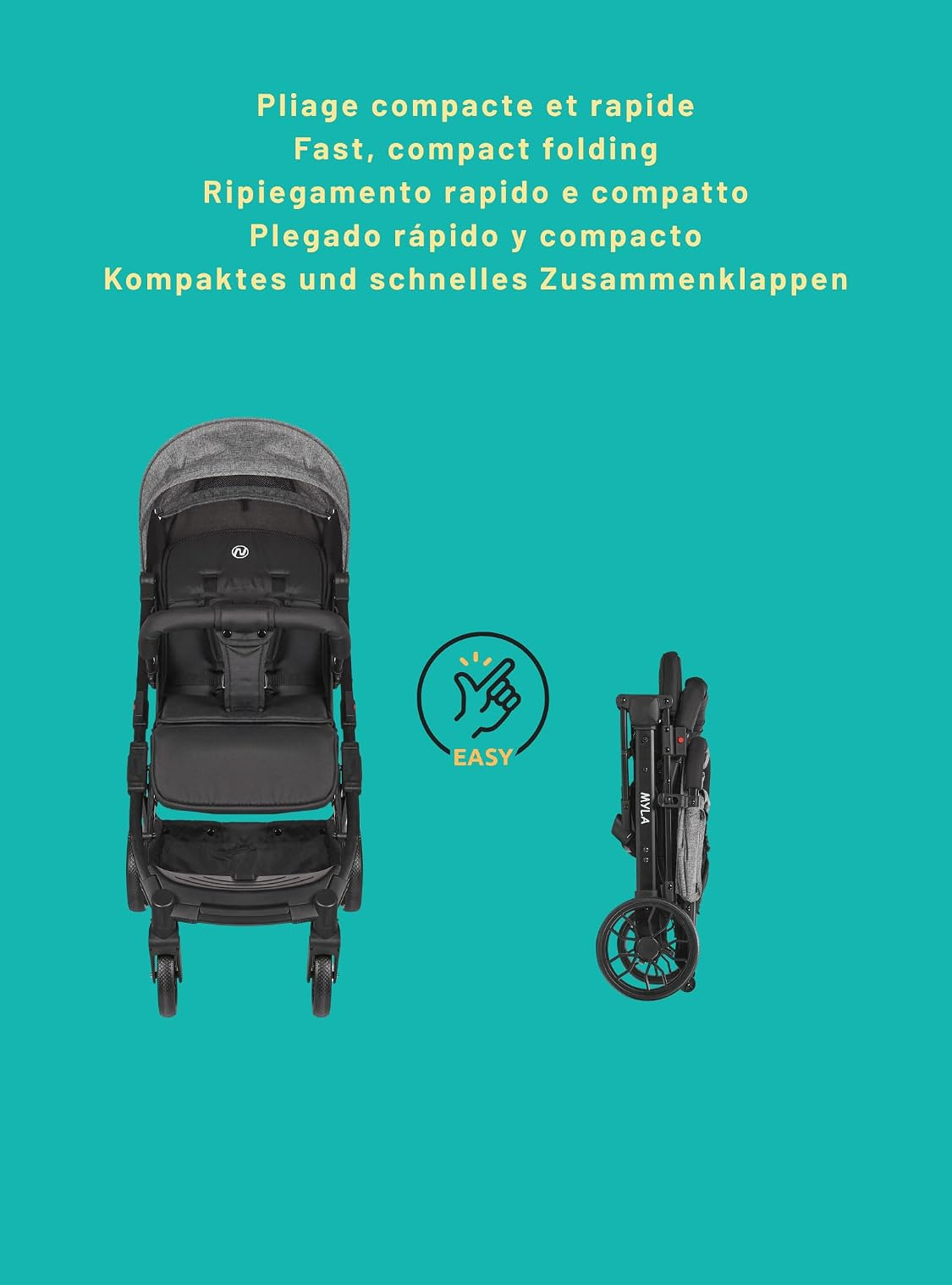 La poussette compacte Myla convient aux enfants de 0 à 4 ans (poids maximal 22 kg), est légère (7,5 kg), est une poussette citadine, avec un siège et un dossier réglables d'une seule main, et comprend un panier de rangement de grande capacité et une pouss
