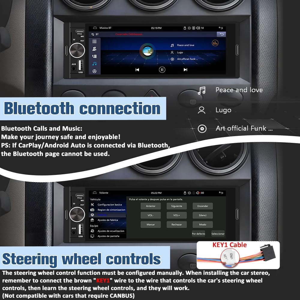 Unidad principal de audio universal para automóvil, compatible con CarPlay inalámbrico y Android Auto; equipada con una pantalla táctil IPS de 6,36 pulgadas, cámara de reversa y micrófono externo; compatible con Bluetooth, controles del volante (SWC), rad