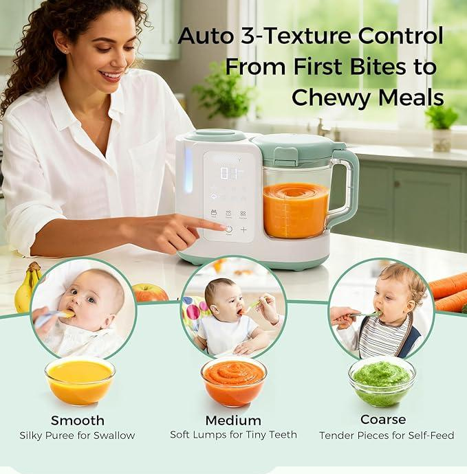 Este procesador de alimentos para bebés combina cocción y mezcla automáticas con un vaso de gran capacidad de 444 ml (15 onzas) y 6 cuchillas. Incluye limpieza automática y 3 ajustes de textura automáticos.