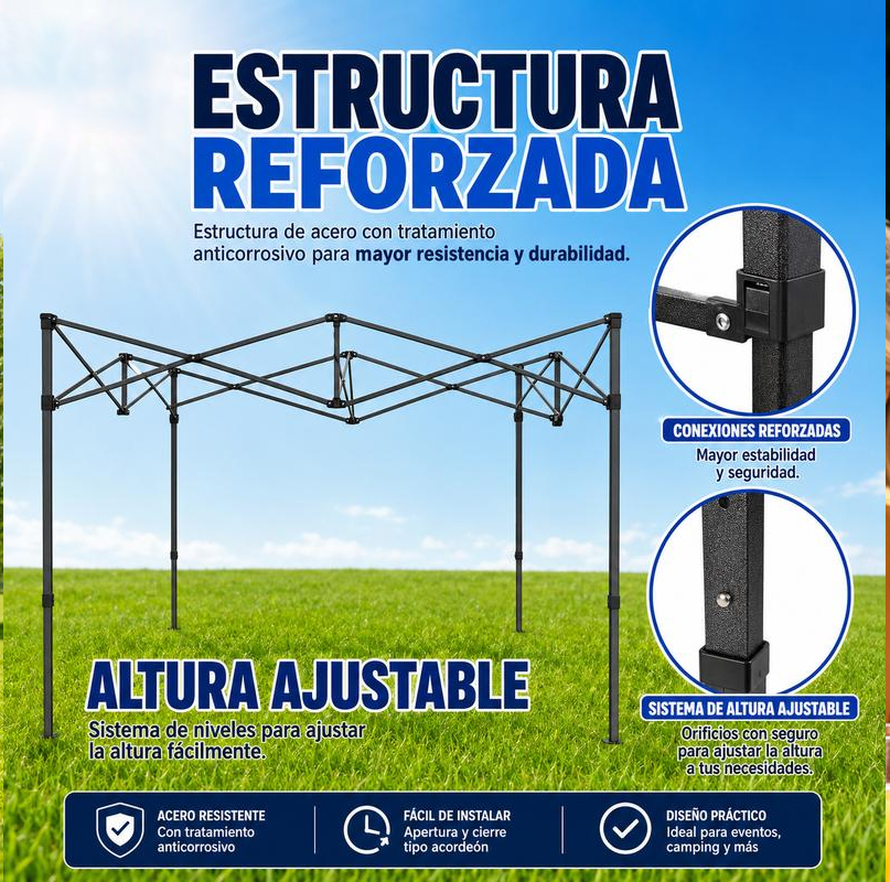 Este toldo plegable de 3x3 metros cuenta con una estructura de acero reforzado, lona impermeable, protección UV y es fácil de instalar, lo que lo hace adecuado para uso en exteriores.
