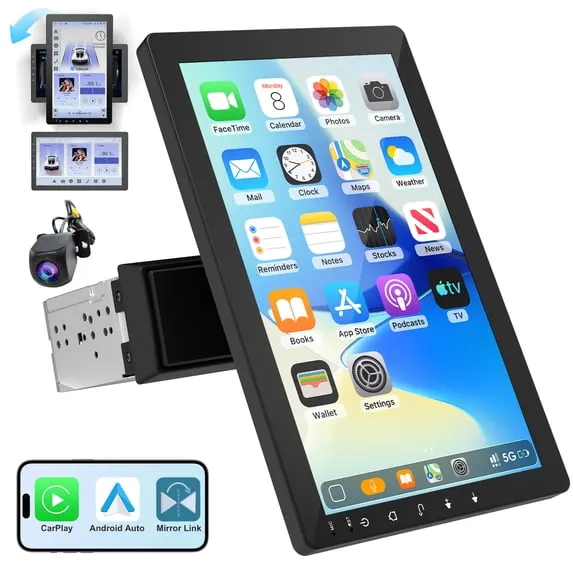 Autoradio avec écran tactile rotatif de 10,1 pouces — Format 1-DIN, système Android 13, compatible Apple CarPlay et Android Auto sans fil, processeur quadricœur, 4 Go de RAM et 32 ​​Go de stockage, navigation GPS.