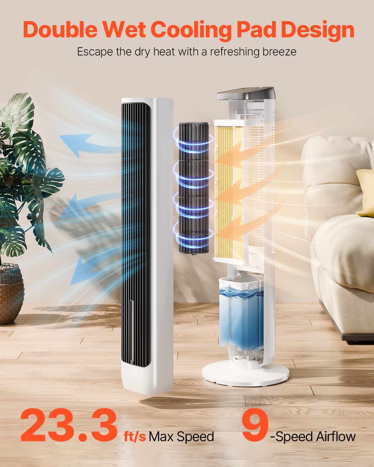 Ventilateur colonne, 7 mètres par seconde, ventilateur sur pied silencieux, oscillation à 70°, 9 vitesses de vent, 4 modes, minuterie 24 heures, ventilateur sur pied portable sans pales, avec télécommande, convient aux chambres, bureaux, maisons et autres