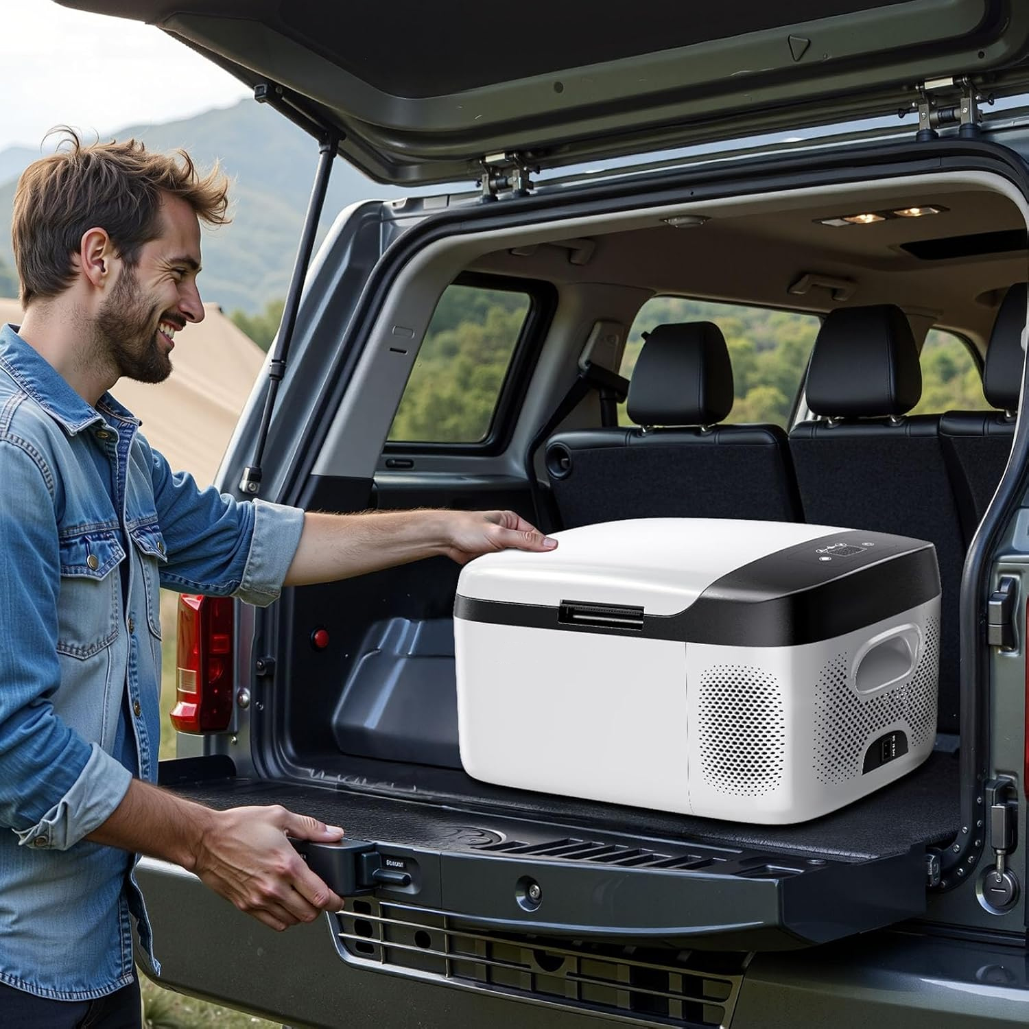 Portable car refrigerator, 60W compressor-style electric cooler (DC 12/24V / AC 100-240V), temperature range -4°F to 68°F, app-controlled, 16-quart capacity; suitable for RVs, campsites, boats, outdoor camping, fishing, and more.