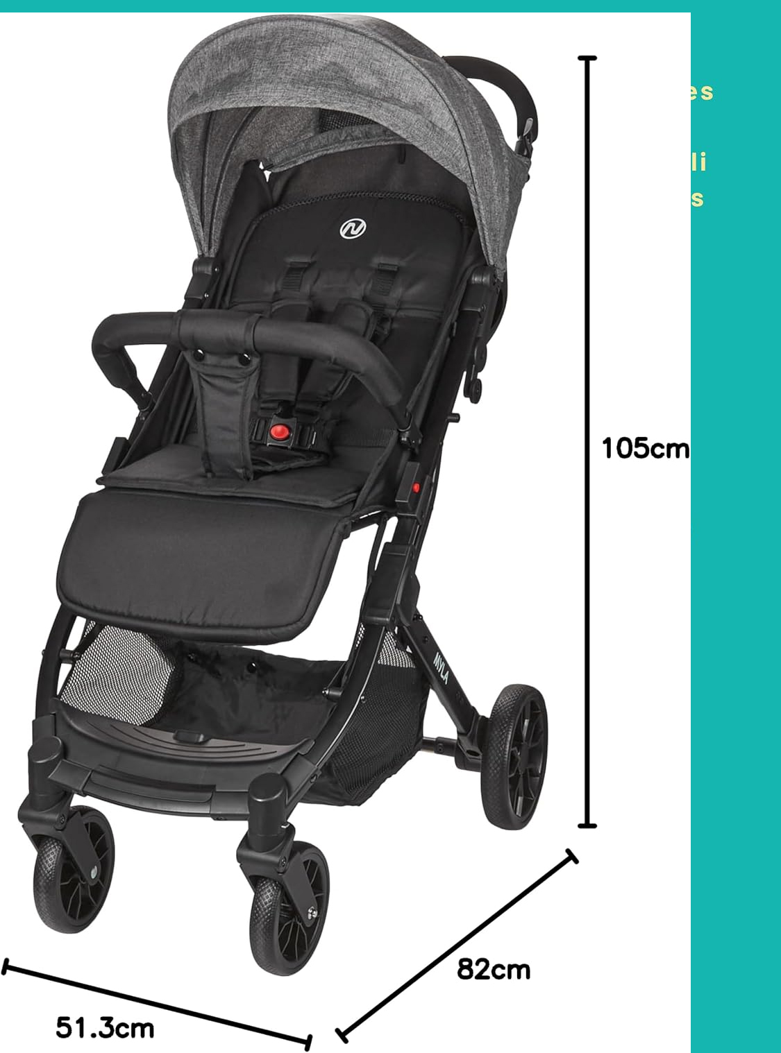 La poussette compacte Myla convient aux enfants de 0 à 4 ans (poids maximal 22 kg), est légère (7,5 kg), est une poussette citadine, avec un siège et un dossier réglables d'une seule main, et comprend un panier de rangement de grande capacité et une pouss