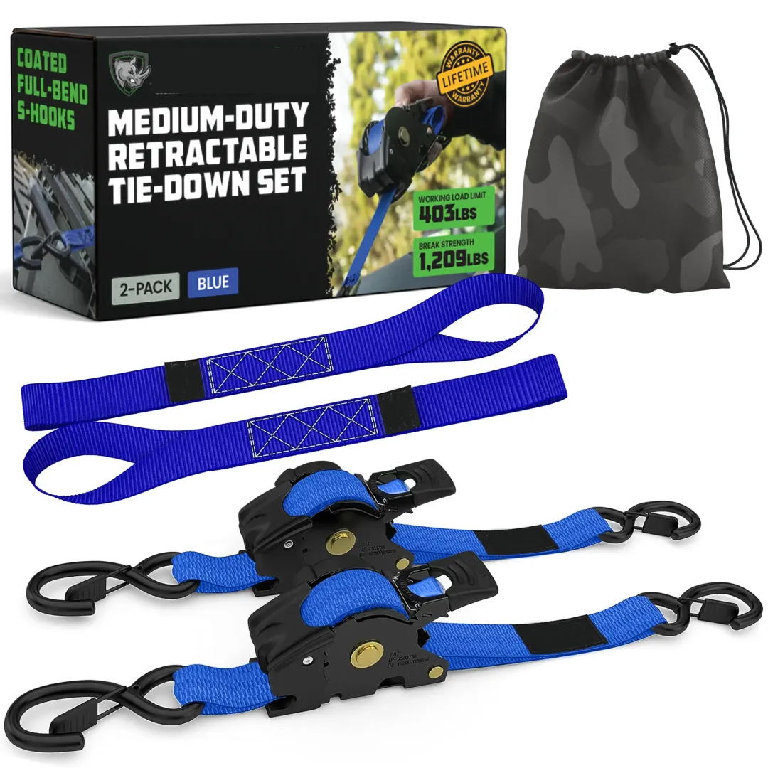 Correas de trinquete retráctiles automáticas (paquete de 2) - 2,5 cm x 3 metros (resistencia a la rotura: 549 kg) - Correas de sujeción retráctiles automáticas de alta resistencia para camiones, remolques, motocicletas, etc.