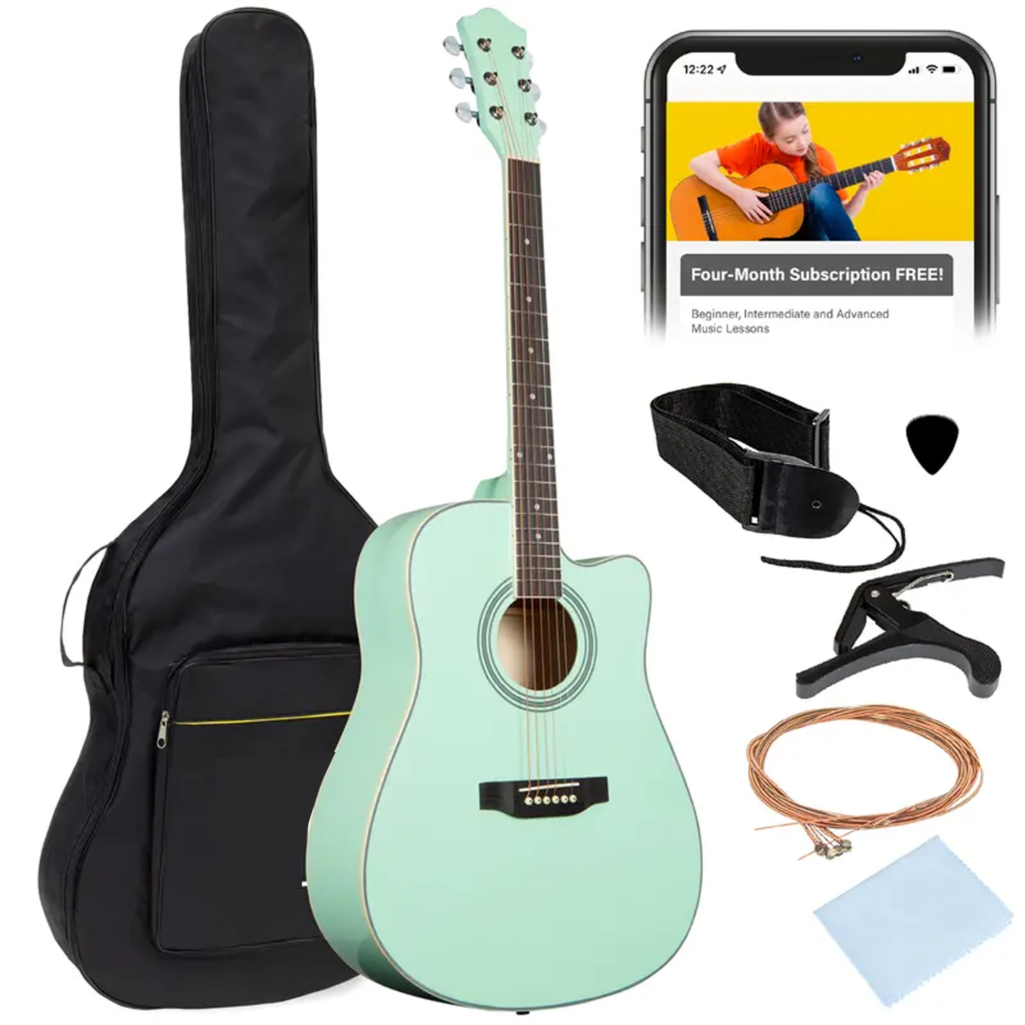 Guitarra acústica de tamaño estándar de 41 pulgadas para principiantes (incluye funda y accesorios).