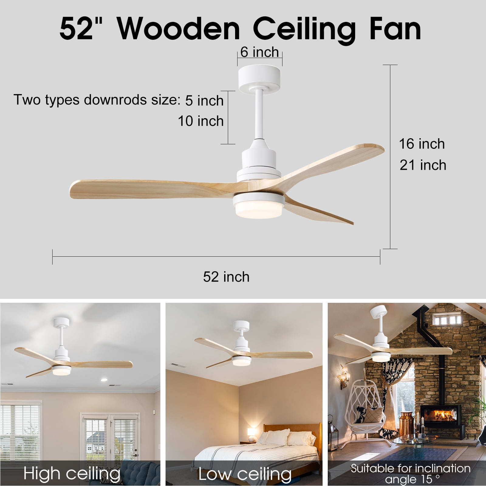 Ventilateur de plafond LED de style moderne de 52 pouces : intègre l’éclairage, la télécommande et les fonctions avant/arrière ; équipé d’un moteur silencieux à 6 vitesses et de 3 pales de ventilateur en bois ; disponible en blanc/noir.