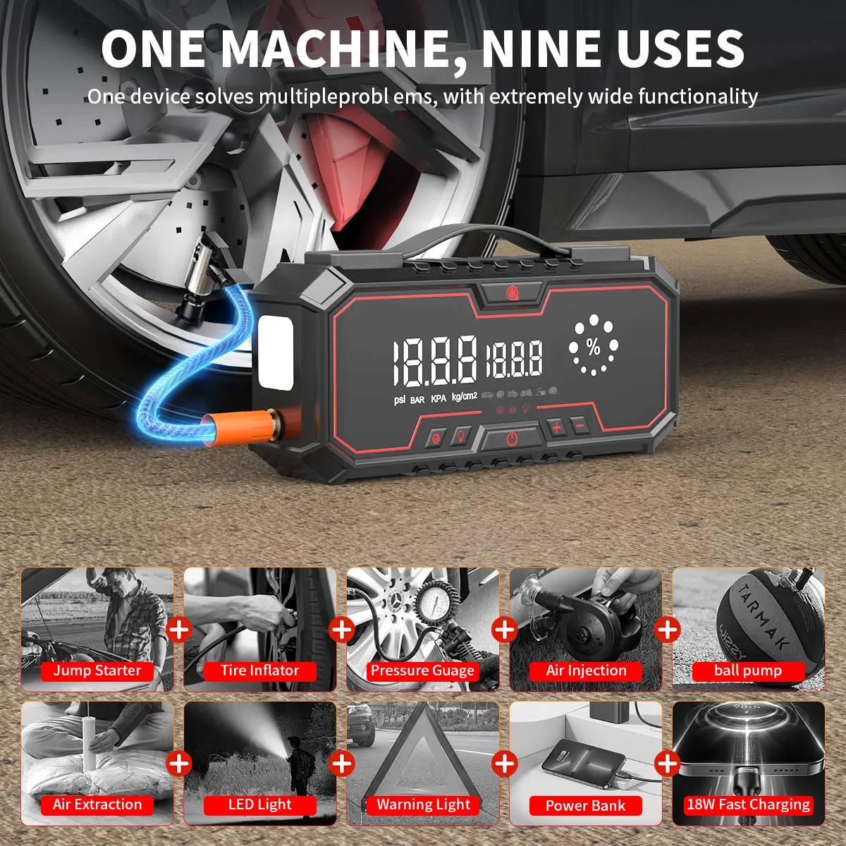 Arrancador portátil para coche, batería externa de 18000 mAh, inflador de neumáticos de 160 PSI, luces LED, kit de herramientas para coche.