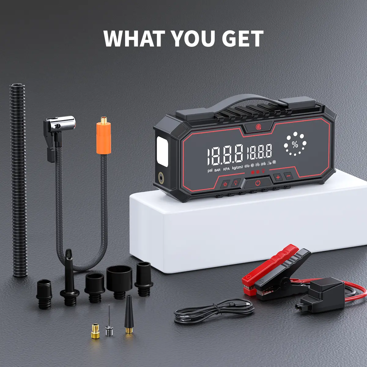 Arrancador portátil para coche, batería externa de 18000 mAh, inflador de neumáticos de 160 PSI, luces LED, kit de herramientas para coche.