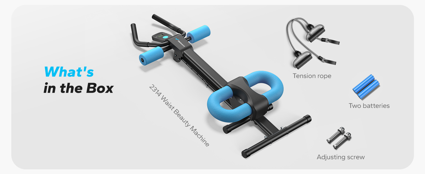 Text reads 'What's in the Box'. Product demonstration showing assembly or contents of a light blue exercise or fitness equipment with multiple components laid out.