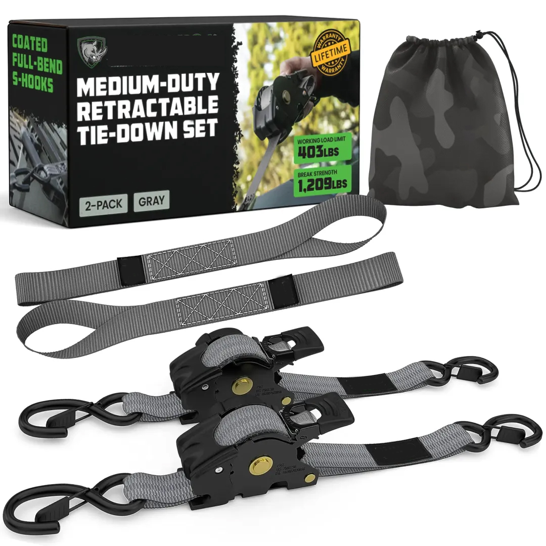 Correas de trinquete retráctiles automáticas (paquete de 2) - 2,5 cm x 3 metros (resistencia a la rotura: 549 kg) - Correas de sujeción retráctiles automáticas de alta resistencia para camiones, remolques, motocicletas, etc.
