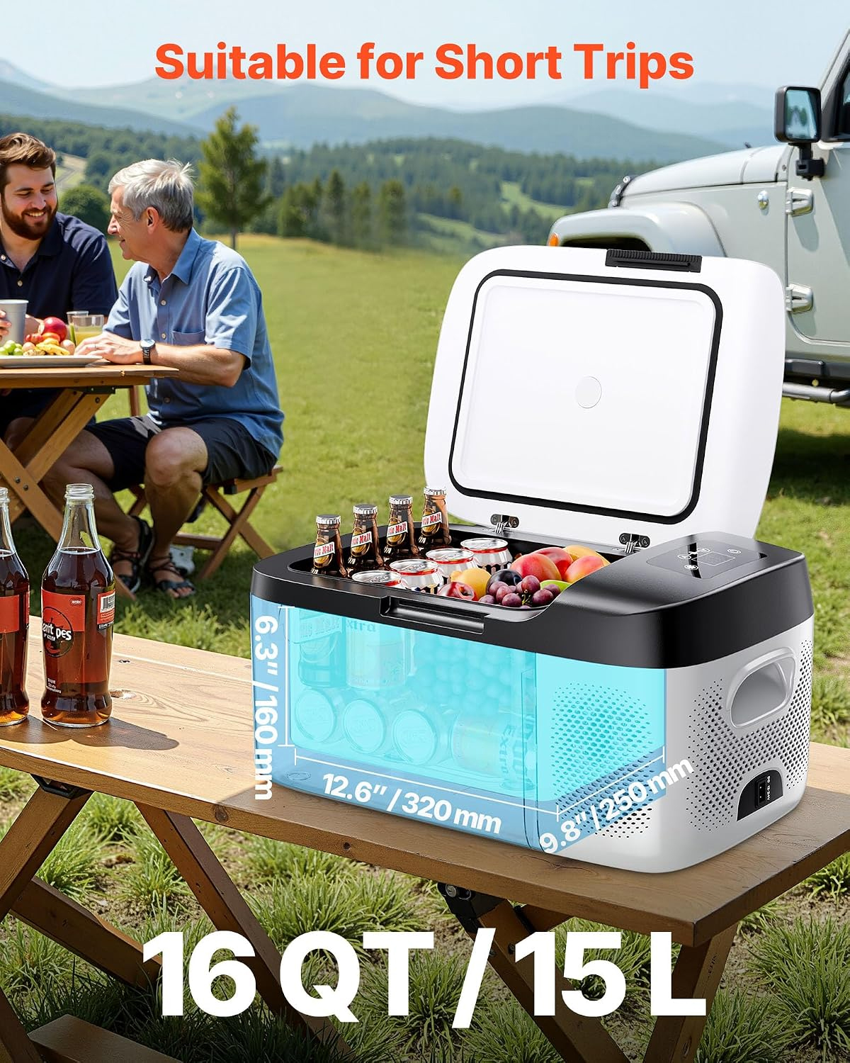 Portable car refrigerator, 60W compressor-style electric cooler (DC 12/24V / AC 100-240V), temperature range -4°F to 68°F, app-controlled, 16-quart capacity; suitable for RVs, campsites, boats, outdoor camping, fishing, and more.