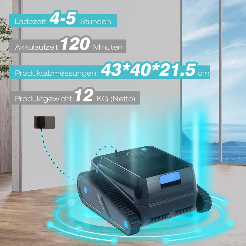 El robot limpiador de piscinas U8 puede limpiar piscinas y paredes de piscinas, tiene una autonomía de batería de hasta 120 minutos, cuenta con navegación inteligente y estacionamiento automático, y es adecuado para piscinas de hasta 200 metros cuadrados 