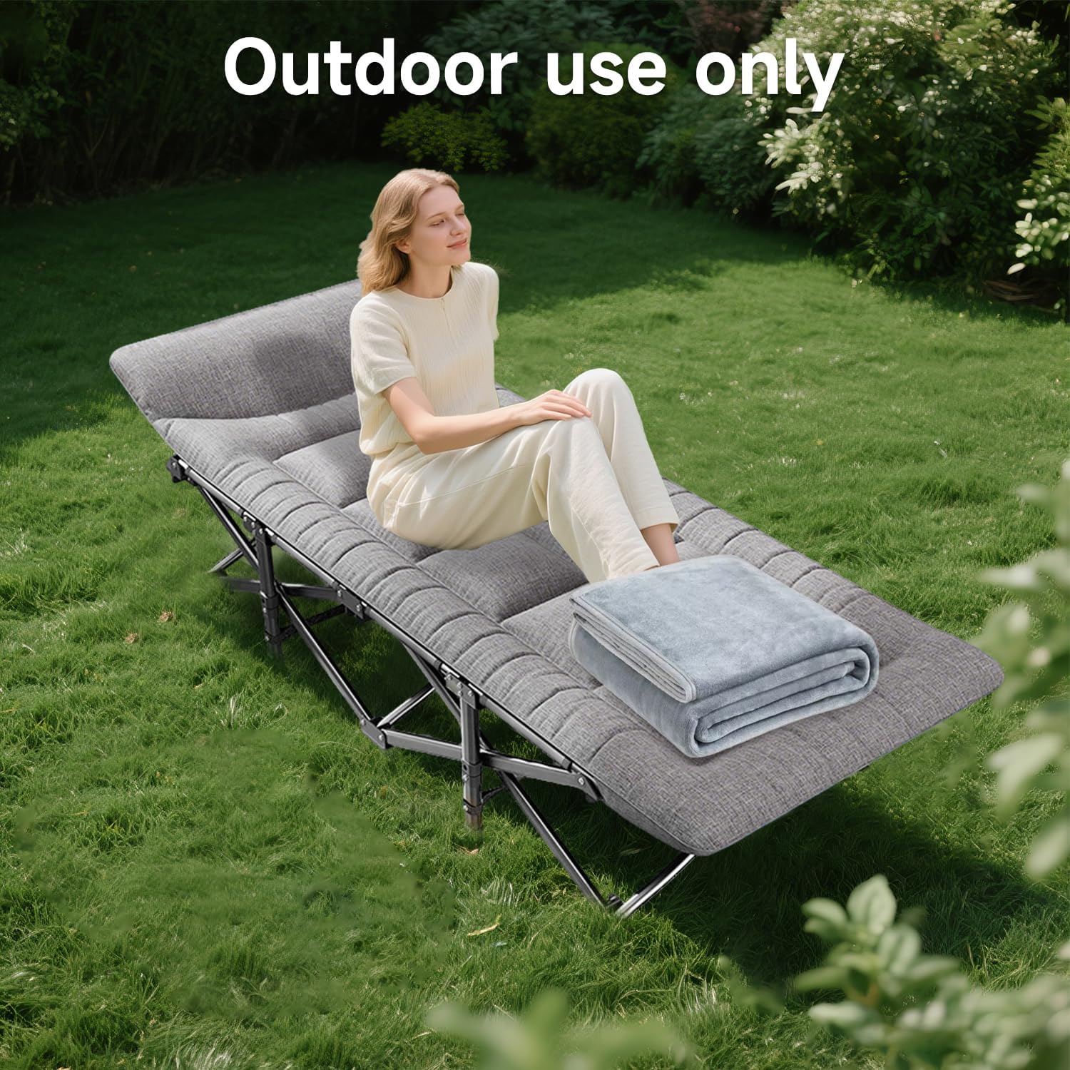 Catre de camping plegable con almohada de algodón integrada; estructura de acero resistente que soporta hasta 600 libras (272 kg); tumbona portátil y plegable ideal para acampar y pescar.