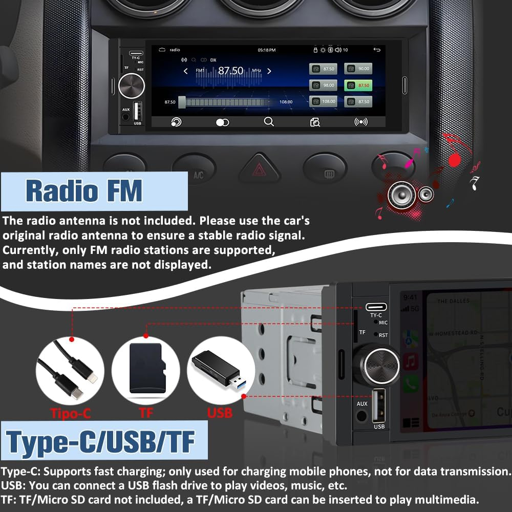 Unidad principal de audio universal para automóvil, compatible con CarPlay inalámbrico y Android Auto; equipada con una pantalla táctil IPS de 6,36 pulgadas, cámara de reversa y micrófono externo; compatible con Bluetooth, controles del volante (SWC), rad