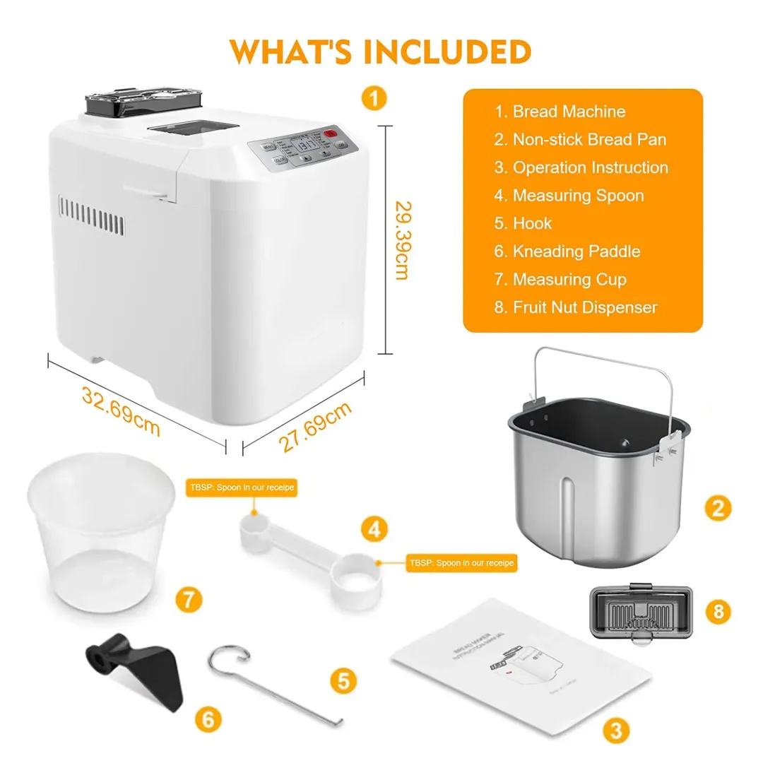 Panificadora automática de 2 libras - 12 en 1 con dispensador de nueces
