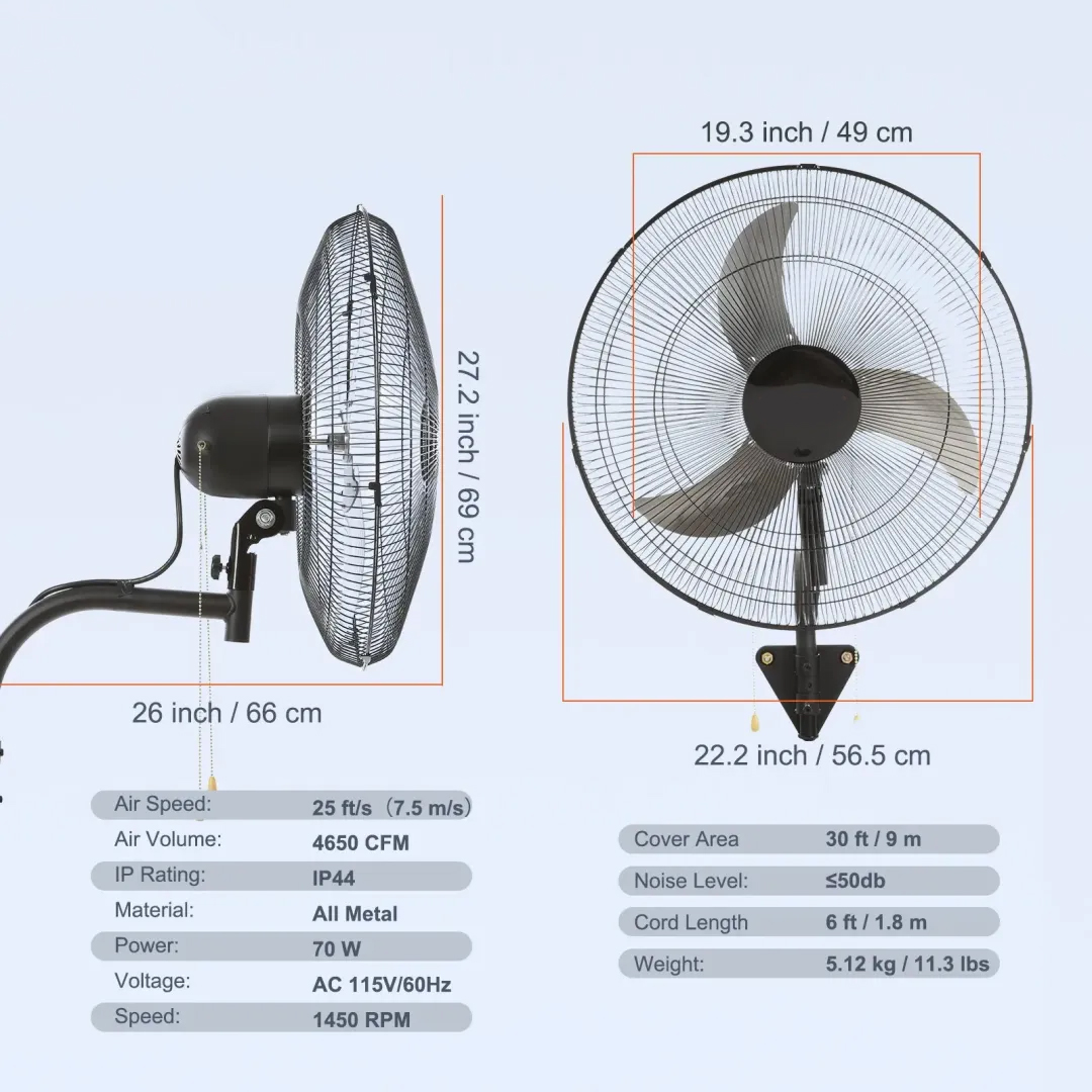 Ventilador de pared oscilante, 3 velocidades, potente flujo de aire (máximo 4650 CFM), ventilador de pared de grado industrial; adecuado para almacenes y hogares: 2 ventiladores de 18 pulgadas (negros).