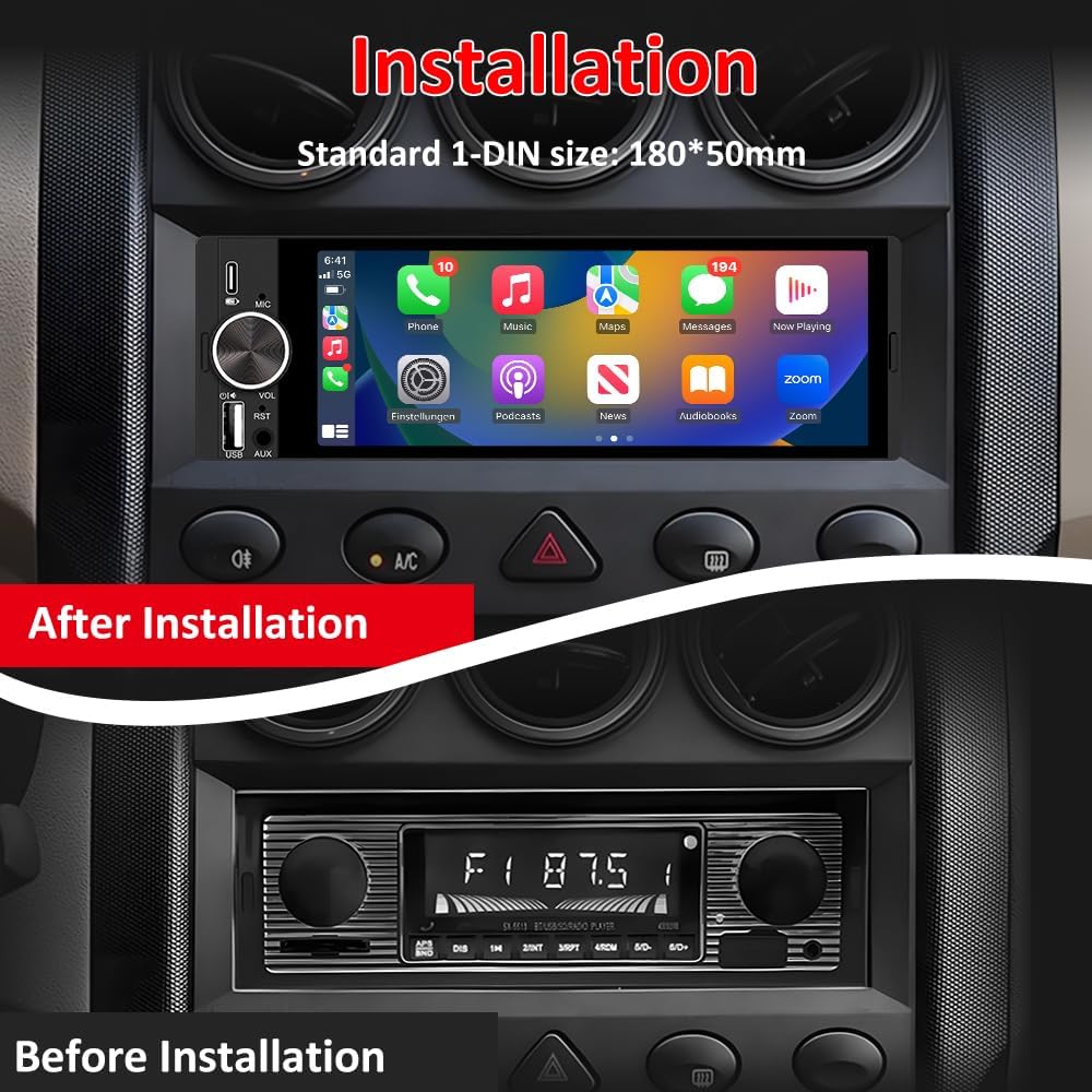 Autoradio au format 1-DIN compatible avec CarPlay et Android Auto ; doté d'une entrée pour caméra de recul, de la radio FM et d'un port USB Type-C. (Livraison gratuite)