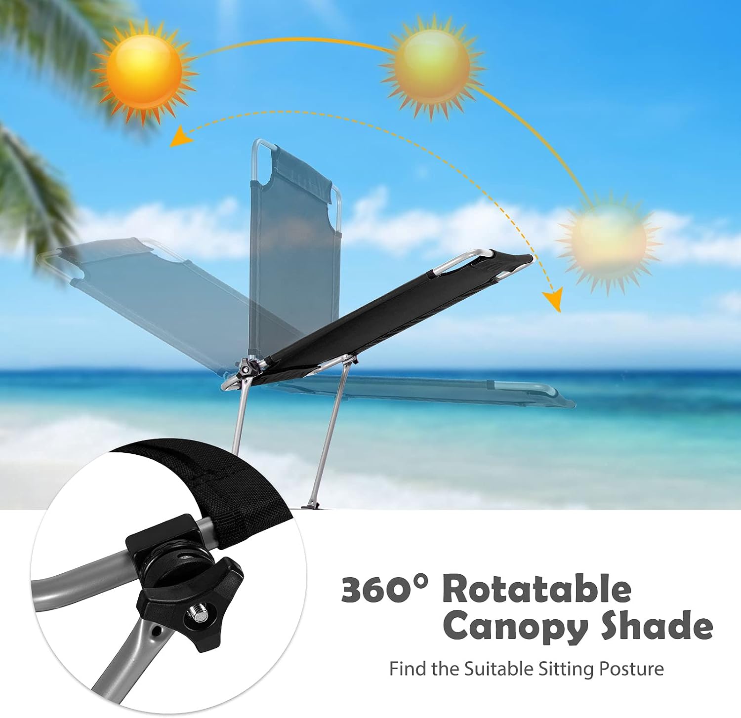 Silla para broncearse, silla de playa plegable con toldo, ajustable en 5 posiciones, con asa y bolsillo lateral; tumbona reclinable portátil para exteriores (patio, césped, camping, piscina, terraza o playa) (2 unidades, color negro)
