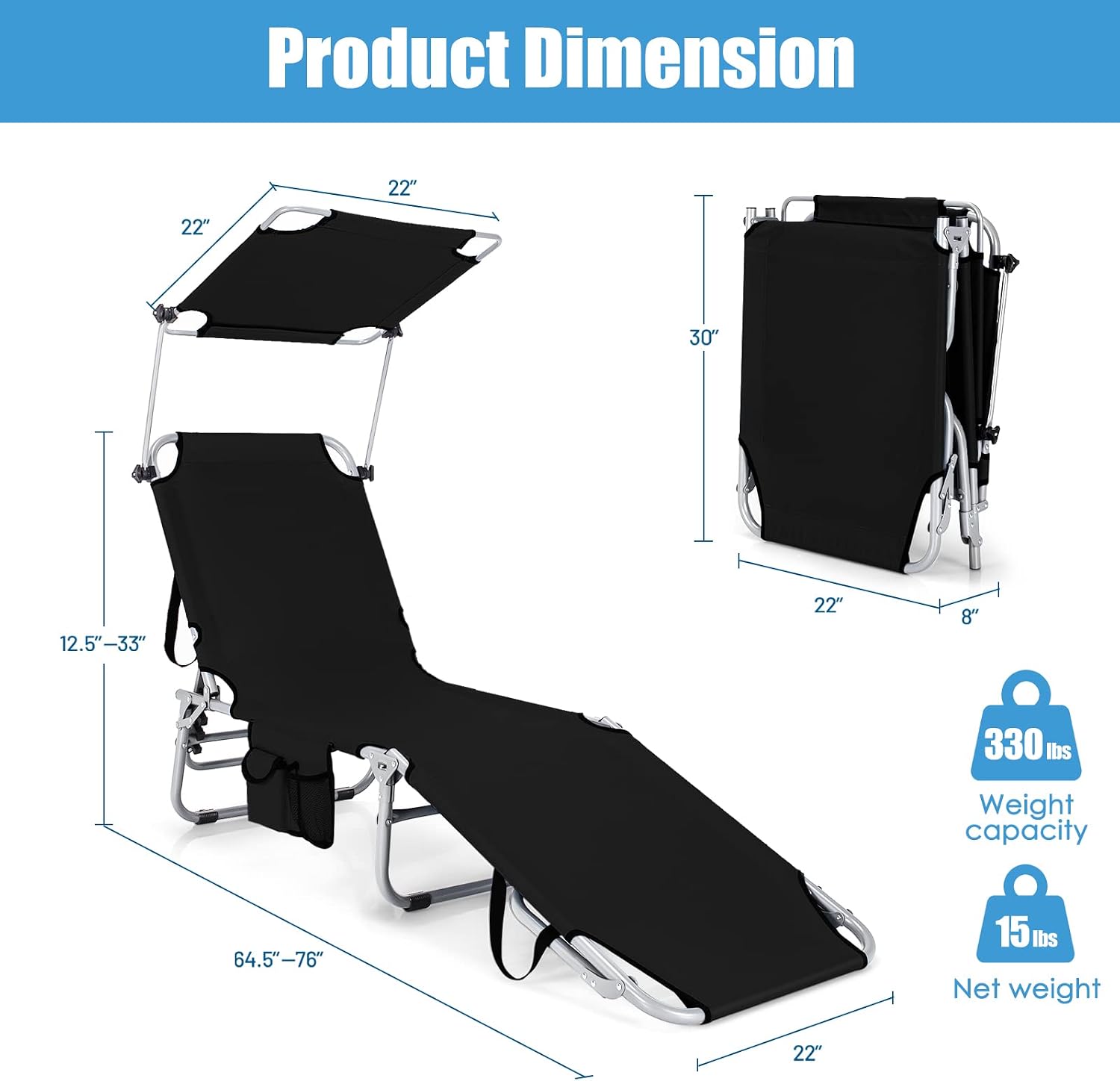 Silla para broncearse, silla de playa plegable con toldo, ajustable en 5 posiciones, con asa y bolsillo lateral; tumbona reclinable portátil para exteriores (patio, césped, camping, piscina, terraza o playa) (2 unidades, color negro)