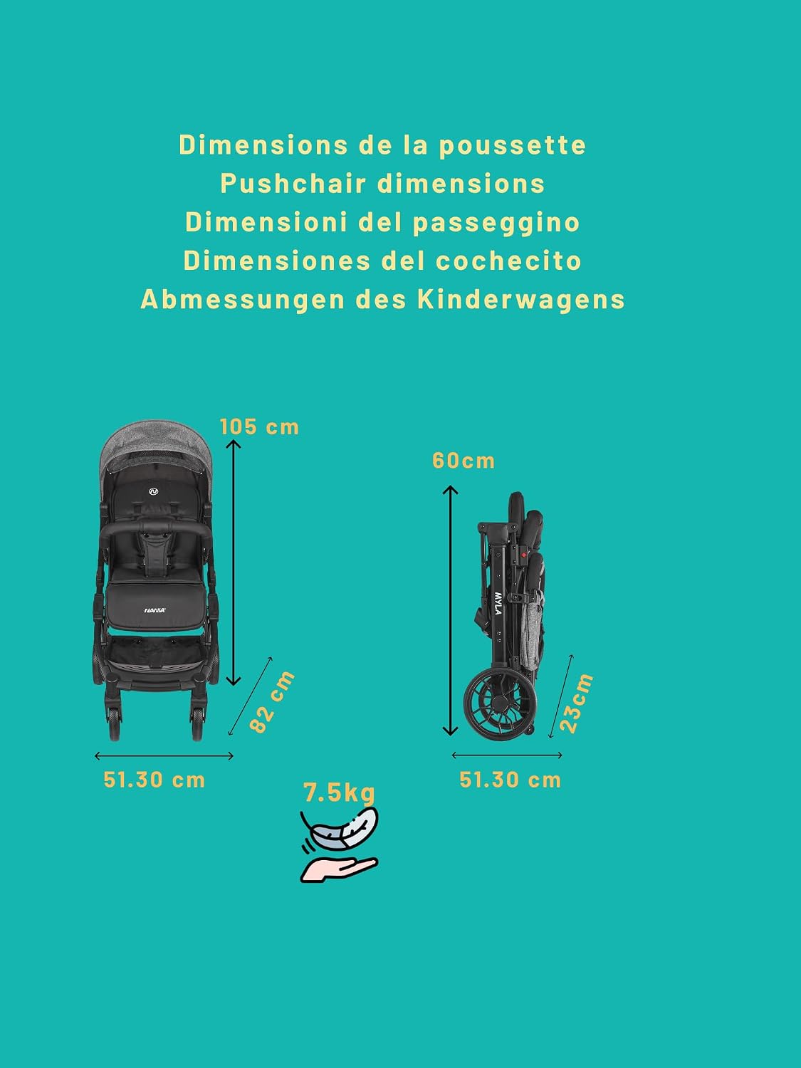 La poussette compacte Myla convient aux enfants de 0 à 4 ans (poids maximal 22 kg), est légère (7,5 kg), est une poussette citadine, avec un siège et un dossier réglables d'une seule main, et comprend un panier de rangement de grande capacité et une pouss