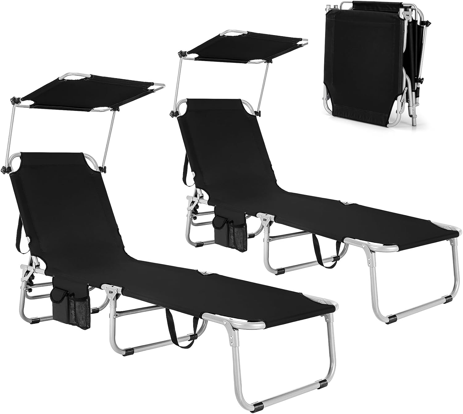 Silla para broncearse, silla de playa plegable con toldo, ajustable en 5 posiciones, con asa y bolsillo lateral; tumbona reclinable portátil para exteriores (patio, césped, camping, piscina, terraza o playa) (2 unidades, color negro)