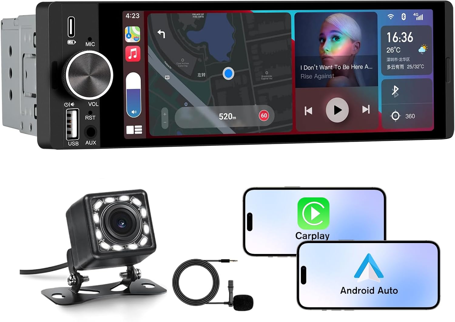 Autoradio au format 1-DIN compatible avec CarPlay et Android Auto ; doté d'une entrée pour caméra de recul, de la radio FM et d'un port USB Type-C. (Livraison gratuite)