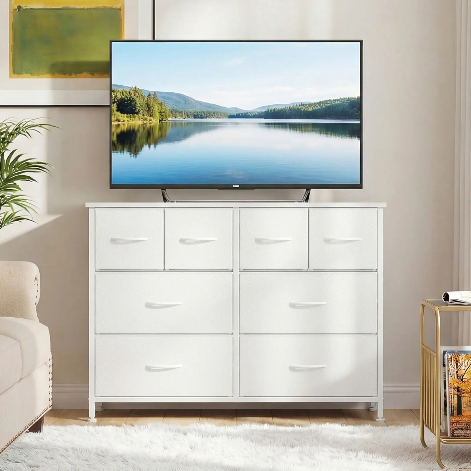 Mueble para TV y cómoda con 8 cajones de tela para sala de estar.