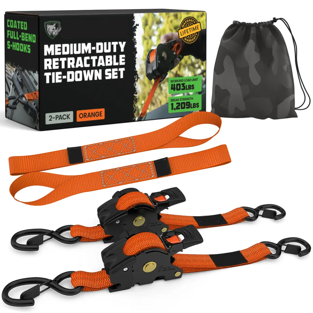 Correas de trinquete retráctiles automáticas (paquete de 2) - 2,5 cm x 3 metros (resistencia a la rotura: 549 kg) - Correas de sujeción retráctiles automáticas de alta resistencia para camiones, remolques, motocicletas, etc.