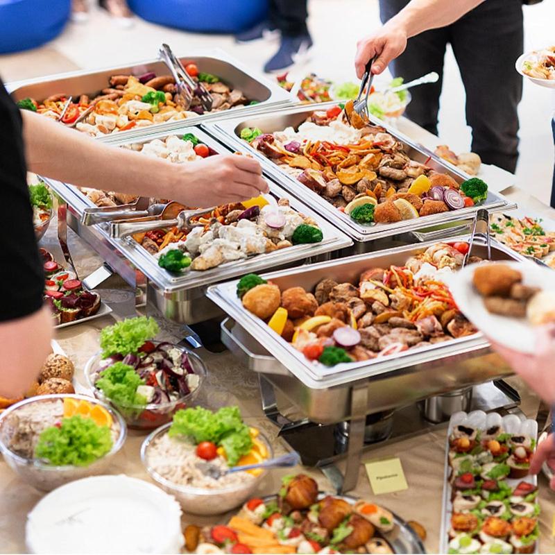 Juego de 2/4 piezas de platos calientaplatos de 9 cuartos, juego rectangular de acero inoxidable para calentar alimentos, con tapa, plato para comida, plato para agua y rejilla para combustible, adecuado para servicios de catering en restaurantes, fiestas