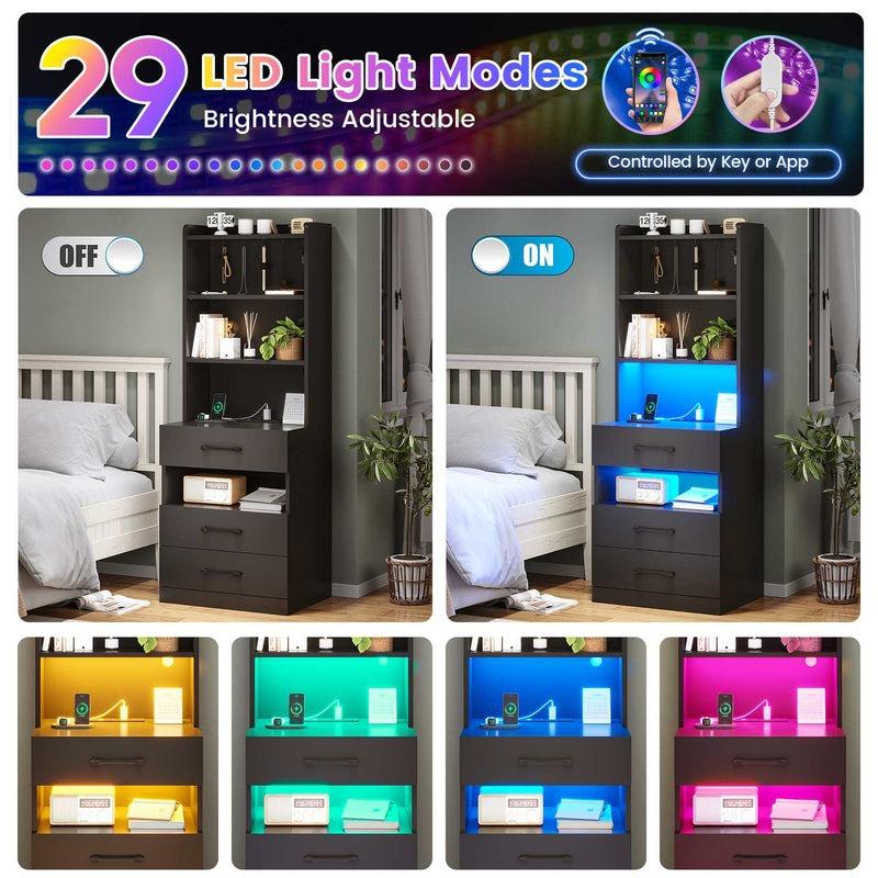 Mesita de noche alta con estación de carga y luz LED, 3 cajones, estante de almacenamiento y librería, mesita auxiliar moderna para dormitorio, mueble para el hogar.
