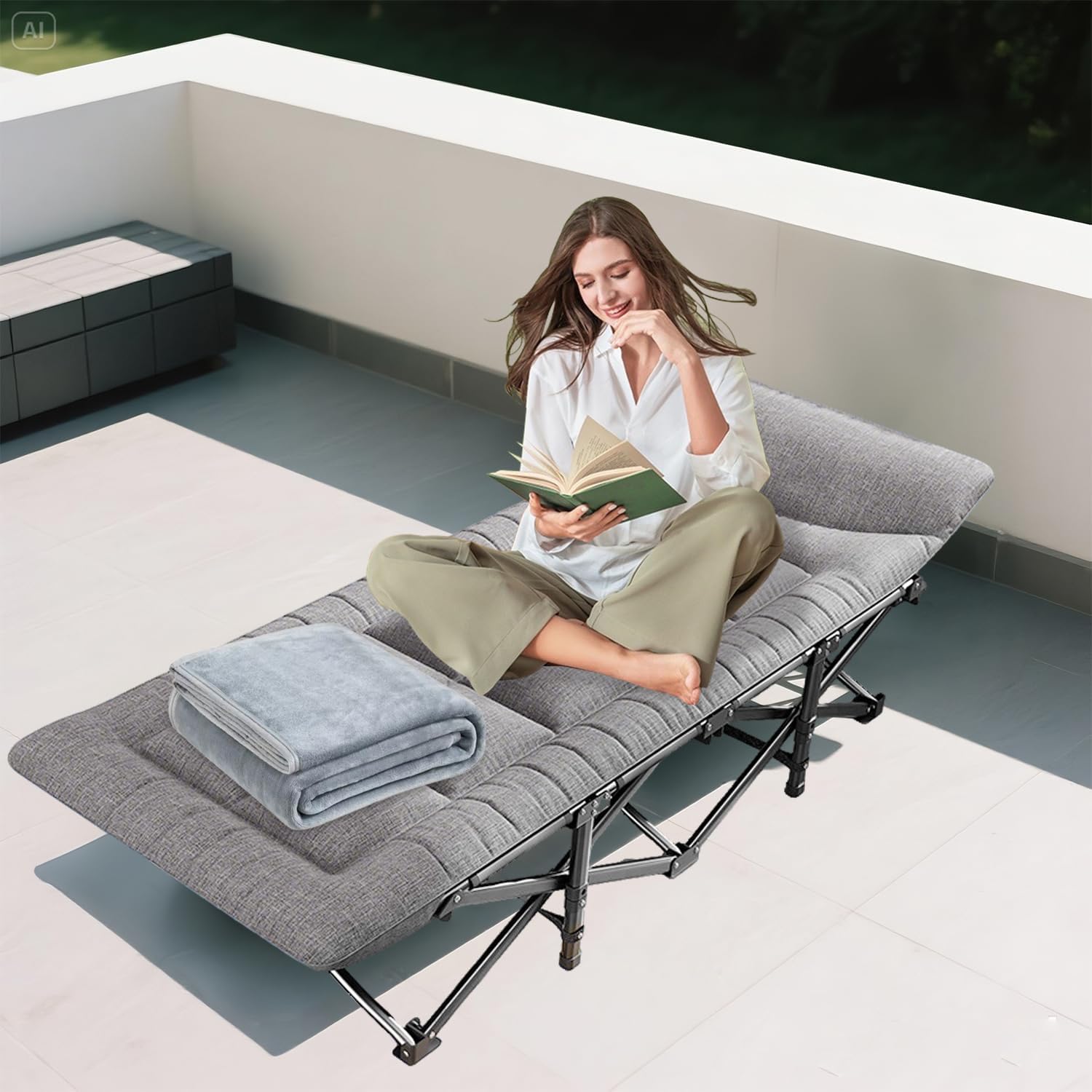 Catre de camping plegable con almohada de algodón integrada; estructura de acero resistente que soporta hasta 600 libras (272 kg); tumbona portátil y plegable ideal para acampar y pescar.