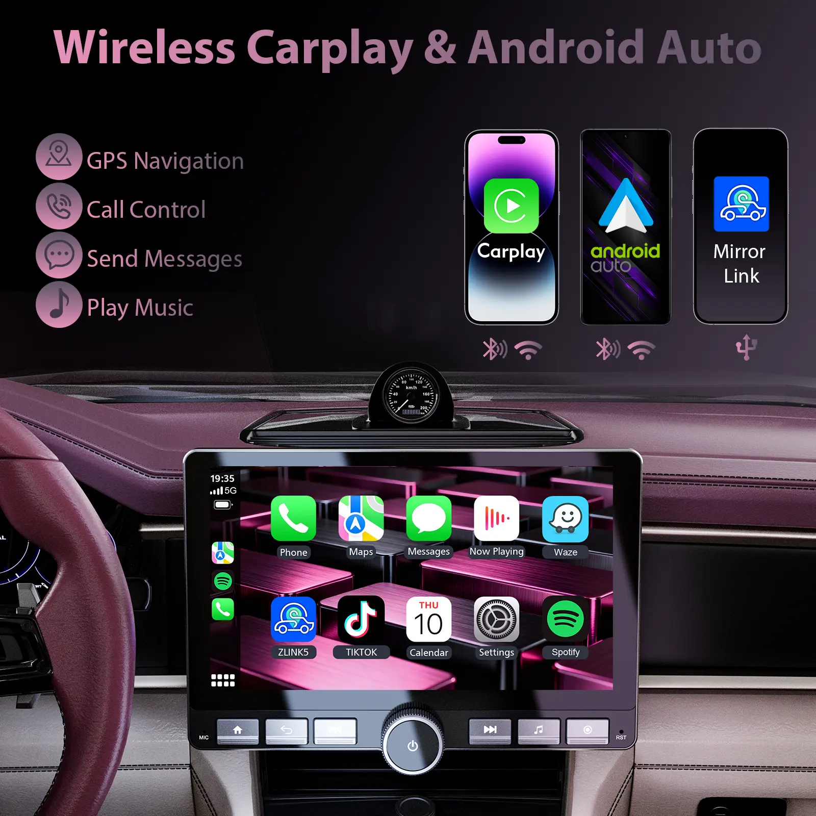 Autorradio Android 13 de 10.1", Pantalla giratoria 360°, Mejora de sonido DSP, Botones físicos, Pantalla táctil IPS, CarPlay, Android Auto, Radio FM/AM, Navegación GPS, 2 GB RAM + 64 GB de almacenamiento, Bluetooth, Pantalla dividida — SummerVibes