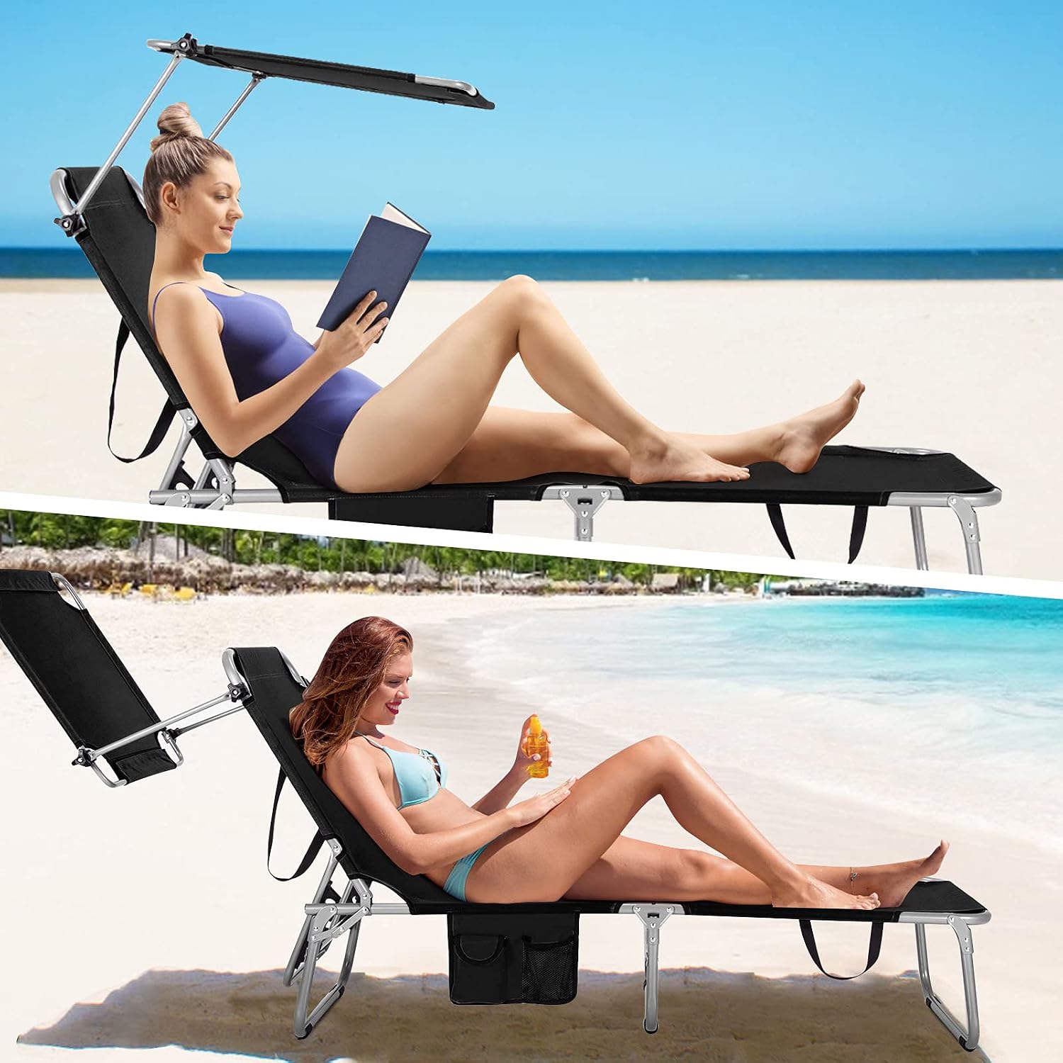 Silla para broncearse, silla de playa plegable con toldo, ajustable en 5 posiciones, con asa y bolsillo lateral; tumbona reclinable portátil para exteriores (patio, césped, camping, piscina, terraza o playa) (2 unidades, color negro)