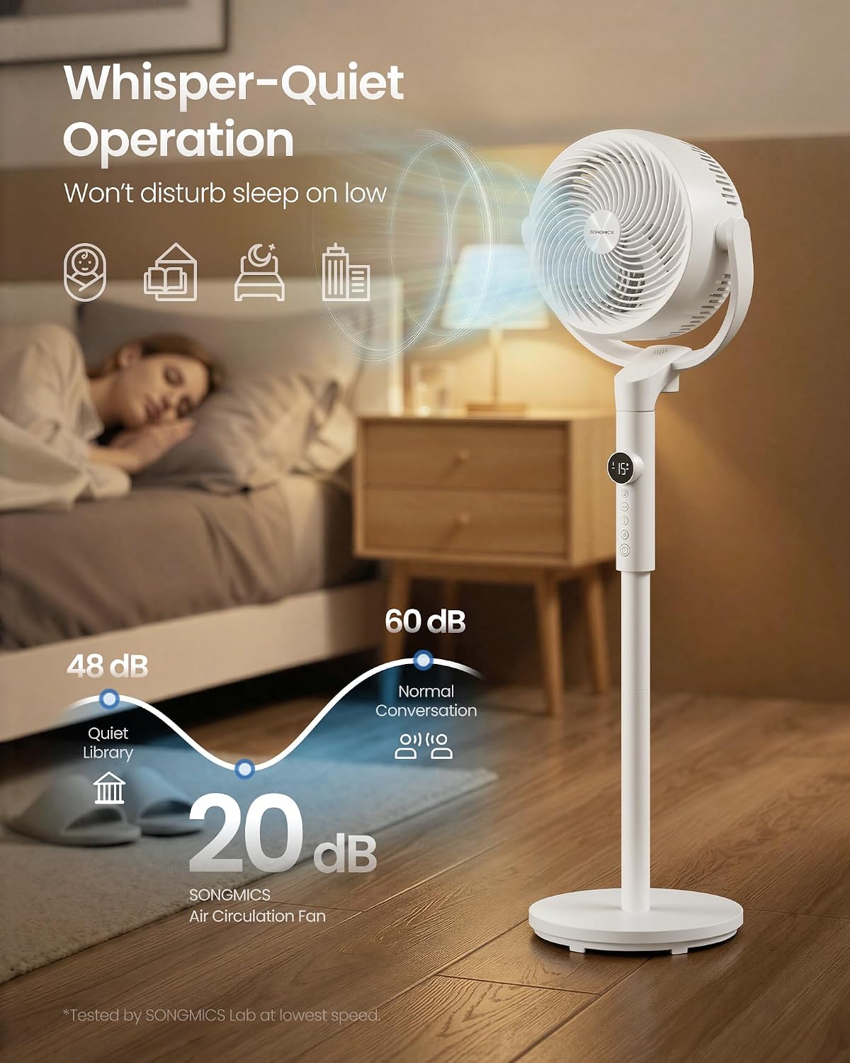 Ventilateur sur pied pour chambre à coucher, fonctionnement silencieux à 20 décibels, avec télécommande, circulateur d'air, oscillation 120°+135°, 15 réglages de vitesse de vent, minuterie de 15 heures, 3 modes, hauteur réglable.