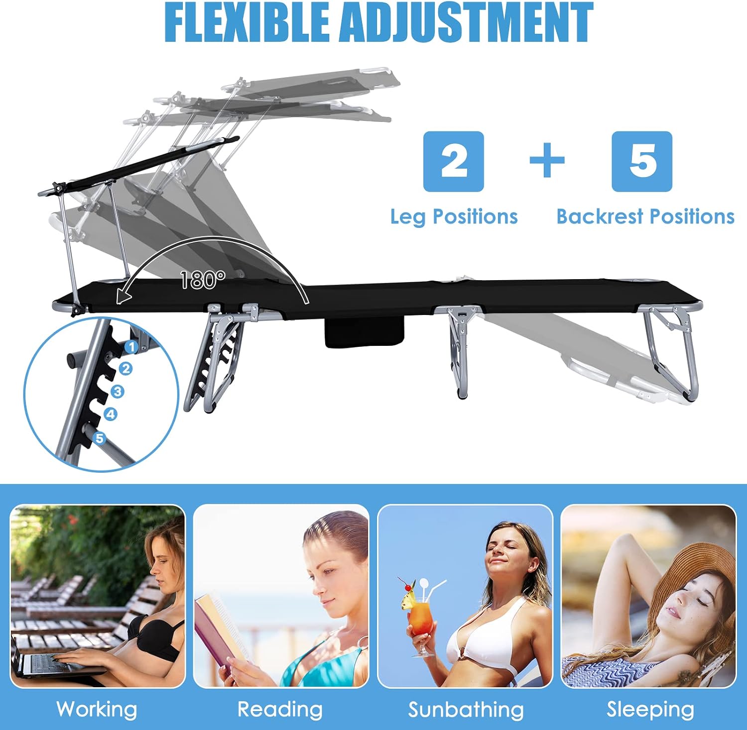 Silla para broncearse, silla de playa plegable con toldo, ajustable en 5 posiciones, con asa y bolsillo lateral; tumbona reclinable portátil para exteriores (patio, césped, camping, piscina, terraza o playa) (2 unidades, color negro)