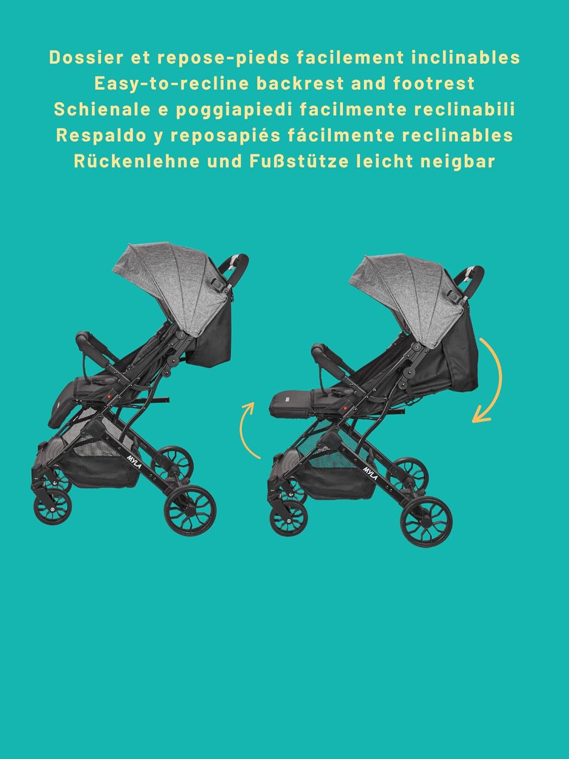 La poussette compacte Myla convient aux enfants de 0 à 4 ans (poids maximal 22 kg), est légère (7,5 kg), est une poussette citadine, avec un siège et un dossier réglables d'une seule main, et comprend un panier de rangement de grande capacité et une pouss