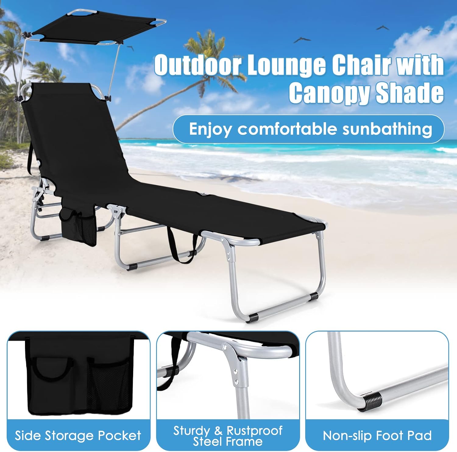 Silla para broncearse, silla de playa plegable con toldo, ajustable en 5 posiciones, con asa y bolsillo lateral; tumbona reclinable portátil para exteriores (patio, césped, camping, piscina, terraza o playa) (2 unidades, color negro)