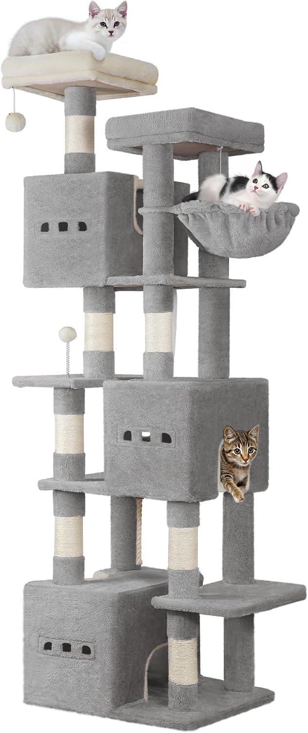 Un árbol para gatos de 193 cm, una gran estructura para trepar de interior, muebles para gatos de varios niveles, que incluyen 2 plataformas, 3 camas para gatos, 7 postes rascadores, 1 cesta para gatos, 3 puertas para gatos y decoraciones de pompones.