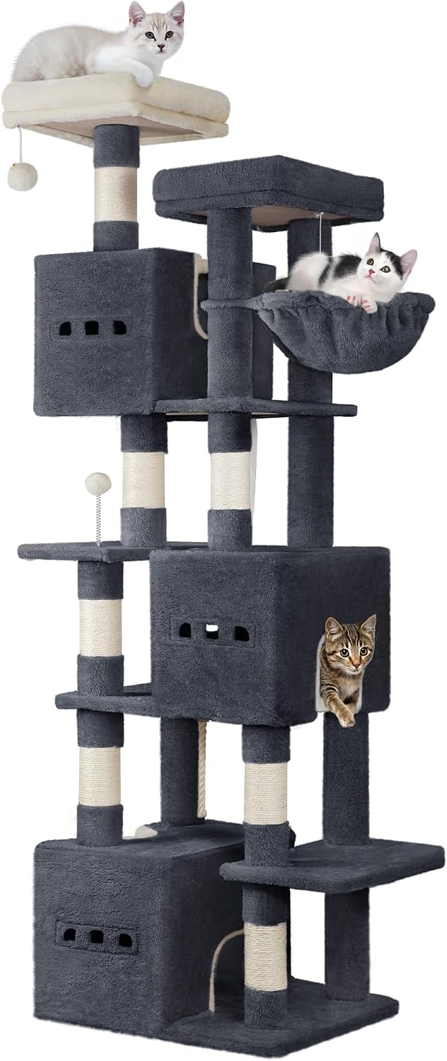 Un árbol para gatos de 193 cm, una gran estructura para trepar de interior, muebles para gatos de varios niveles, que incluyen 2 plataformas, 3 camas para gatos, 7 postes rascadores, 1 cesta para gatos, 3 puertas para gatos y decoraciones de pompones.