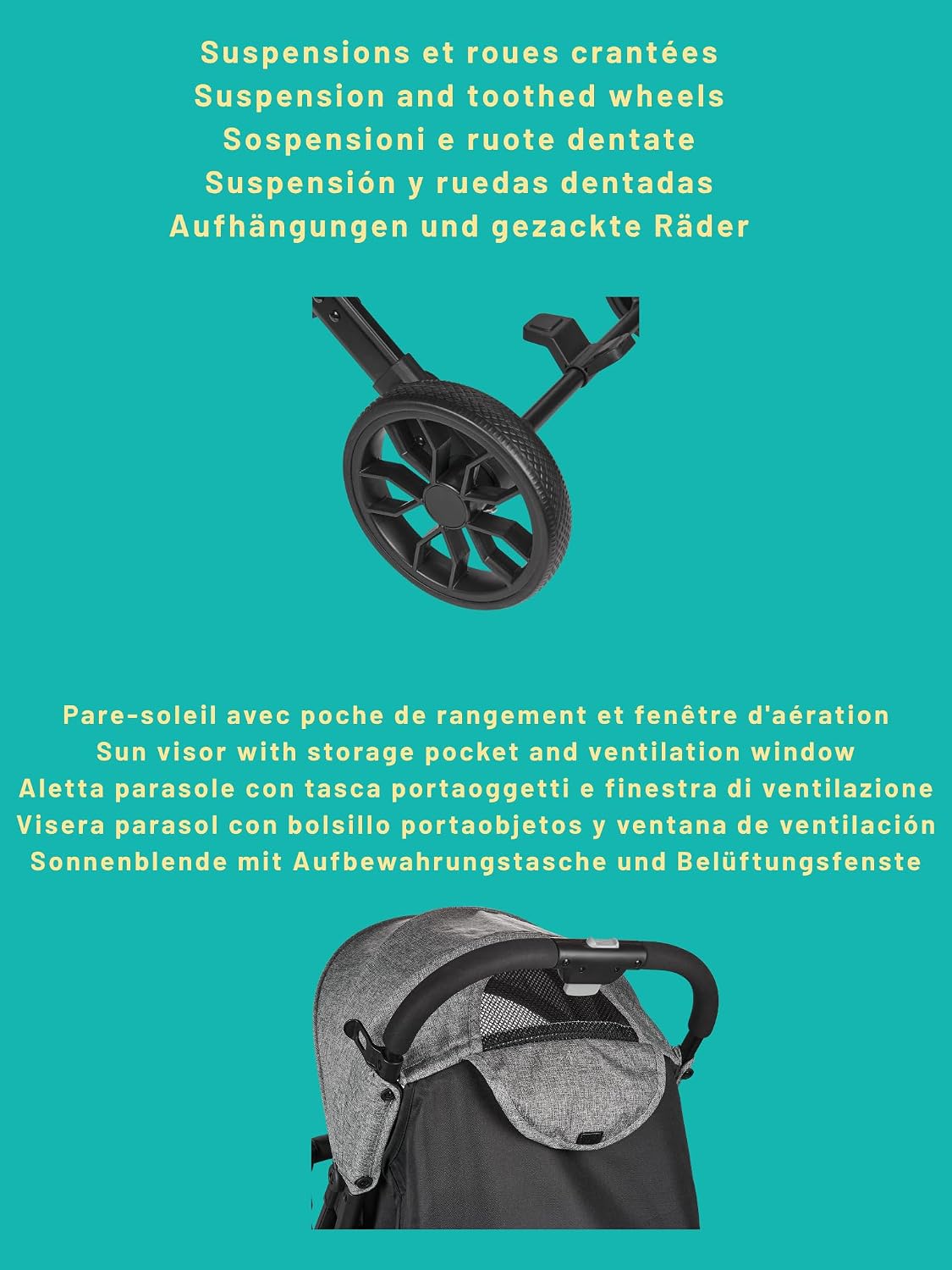 La poussette compacte Myla convient aux enfants de 0 à 4 ans (poids maximal 22 kg), est légère (7,5 kg), est une poussette citadine, avec un siège et un dossier réglables d'une seule main, et comprend un panier de rangement de grande capacité et une pouss